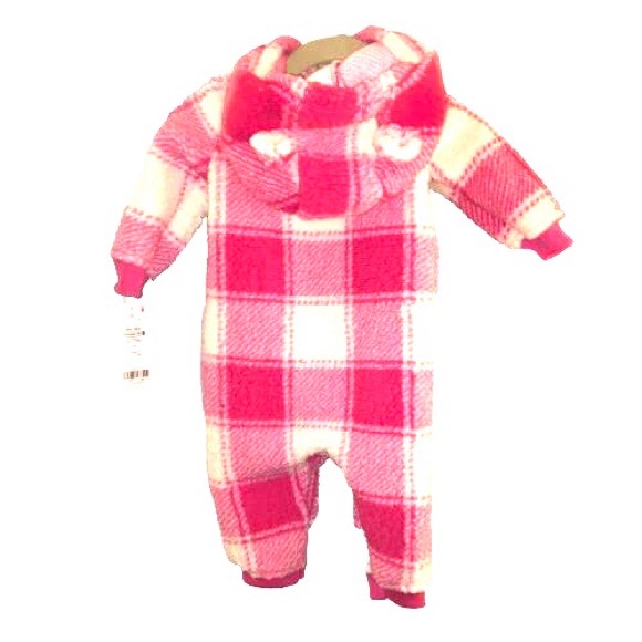 Carters Pink White Soft Plaid Sherpa Hooded Jumpsuit, snuggly bear ears 6mo NWT - Picture 5 of 12